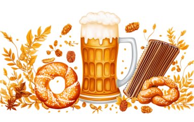 Holiday invitation artwork showcasing German beer festival elements for Oktoberfest party and festive gatherings isolated on white background PNG