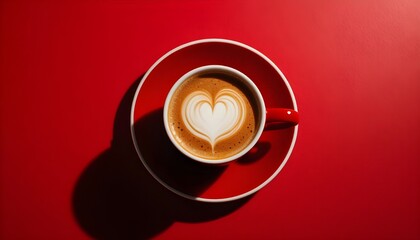 Top view of a cup of cappuccino with heart shaped latte art on a red background with copy space