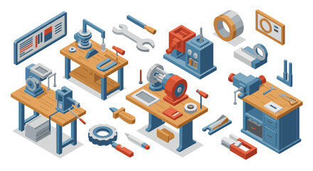 Obraz premium Workshop tools and equipment in isometric style for mechanical design and construction
