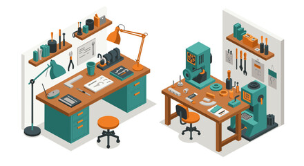 Obraz premium Isometric workshop with carpentry tools in a modern home interior design