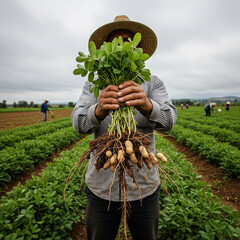 Farmer holding freshly harvested peanuts in a field, agriculture and harvest concept