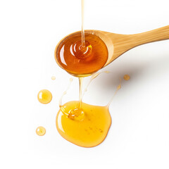 Honey dripping from wooden dipper on white background, natural sweetness concept