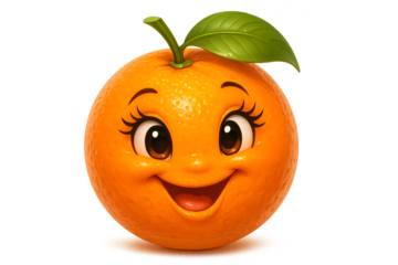 Cute cartoon orange fruit character with happy face, eyelashes, and green leaf on white background