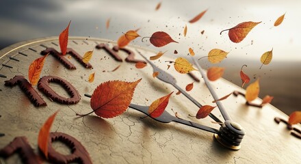 Autumn time change concept with falling leaves on clock face seasonal transition and daylight savings