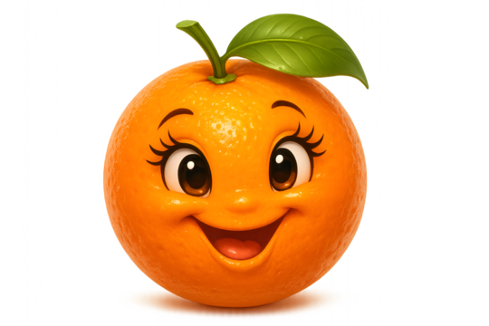 Cute cartoon orange fruit character with happy face, eyelashes, and green leaf on white background - Powered by Adobe
