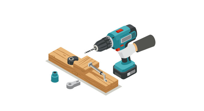 Isometric power drill with tools on wooden plank for carpentry and construction work