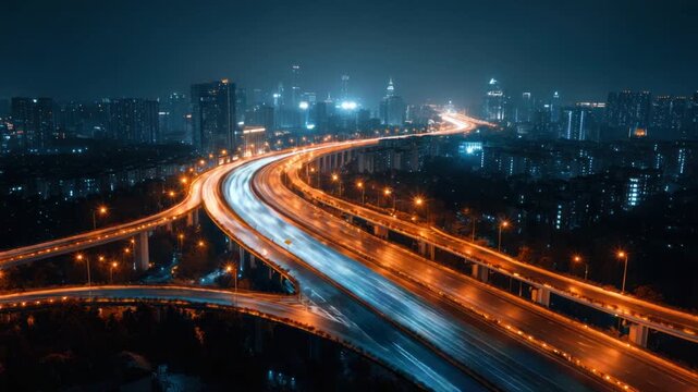 A sprawling highway network crisscrosses a city at night, illuminated by streaks of light from speeding vehicles. 