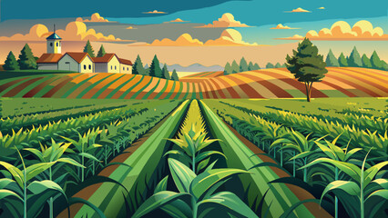 Very beautiful agricultural landscape illustration of Iowa cornfields, featuring lush green rows of corn under a bright sky, showcasing rural farmland and the Midwest’s rich agricultural scenery.