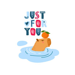 Cartoon illustration with capybara head emerging from water with orange fruit. Above, colorful text reads 