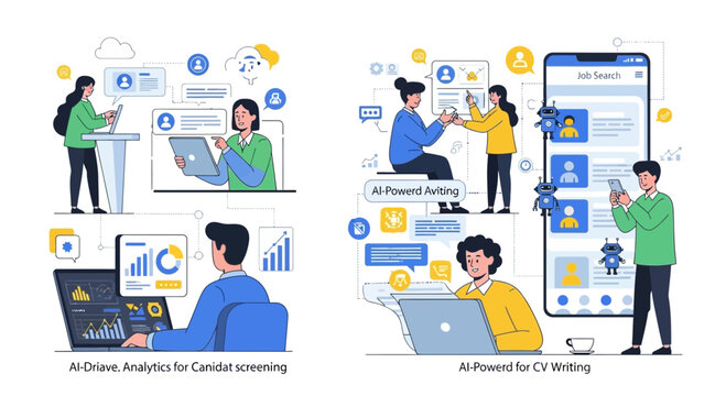 Illustrations depicting AI-driven analytics, candidate screening, and CV writing processes