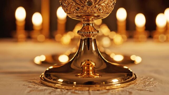 Close-up of an ornate golden chalice on a table with lit candles, conveying solemnity and religiosity.