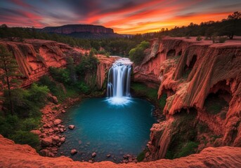 Red Canyon Waterfall and Turquoise Blue Pool