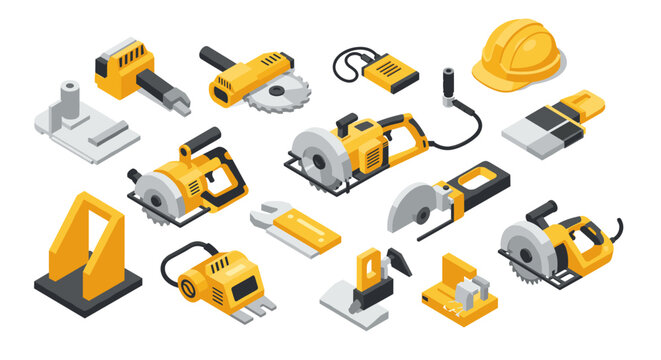 Isometric power tools set including saws and safety helmet on white background