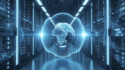 Abstract Digital Globe Hologram In Server Room Environment With Blue Lighting - Powered by Adobe