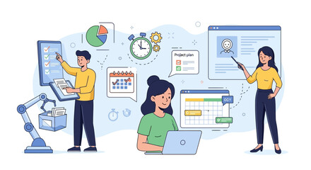 Fototapeta premium Teamwork in the office to achieve project success with effective time management