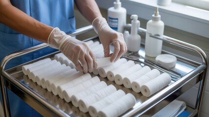 Healthcare worker in gloves preparing medical supplies on a rolling cart for patient care