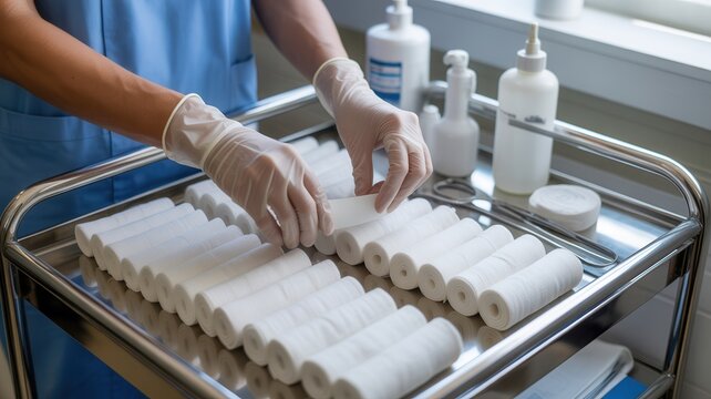 Healthcare worker in gloves preparing medical supplies on a rolling cart for patient care - Powered by Adobe