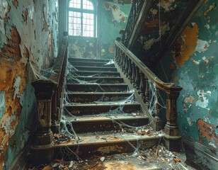 Obraz premium Abandoned Staircase with Dust, Cobwebs, and Peeling Paint