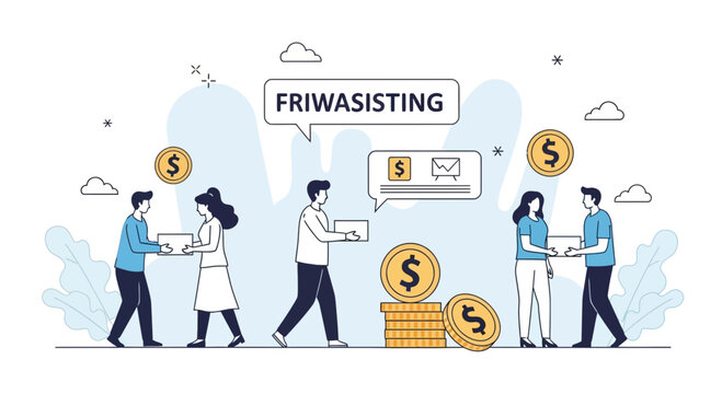 Cartoon illustration of financial transactions and the term 'FRIWASISTING' in business
