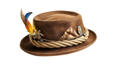 Stylish Oktoberfest headwear with feathers and pins representing cultural festival fashion and party spirit isolated on white background PNG