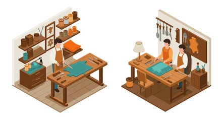 Isometric leather workshop scene with craftsmen and tools