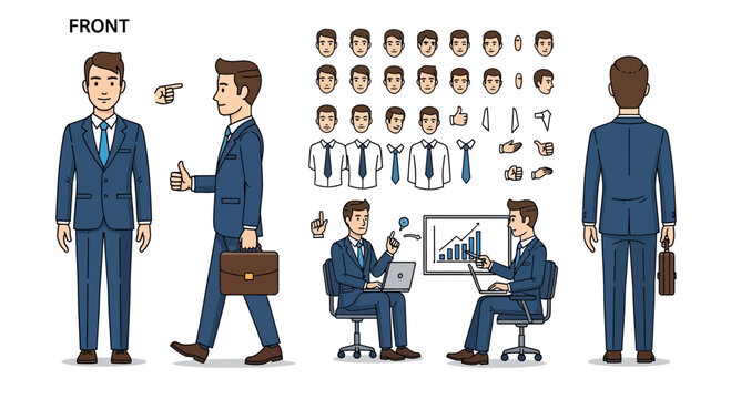 Professional businessman character kit: customizable elements for presentation and design