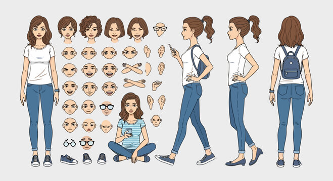Cartoon Woman Character Creator: Customizable Design with Various Poses and Facial Features