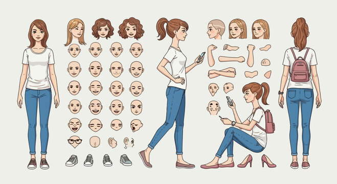 Cartoon Girl Character Creation Kit with Customizable Features and Poses for Animation
