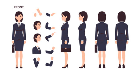 Businesswoman character creation kit: diverse views and customizable poses illustration