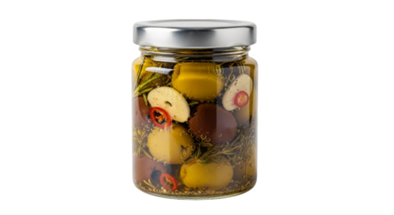 Small glass jar of marinated olives isolated on transparent background