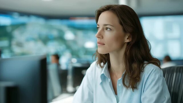 female engineer monitoring real-time data from solar farm on large screen muted beeps predictive maintenance sustainable control cinematic color correction, gentle backlight, clean negative space,