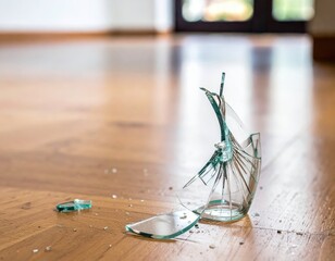 Broken glass piece on wooden floor with scattered shards around