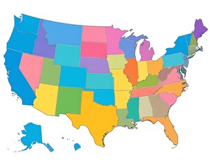 Abstract map of the United States, with each state colored in a different pastel hue