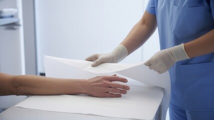 Obraz premium Healthcare professional's gloved hands preparing patient's arm for medical procedure examination