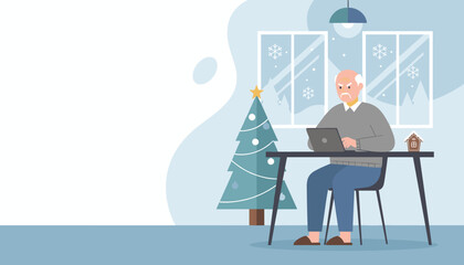 Elderly man using laptop for remote work during winter holidays at home Flat vector illustration