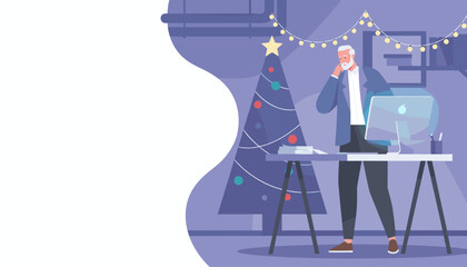 Thoughtful businessman works late in a festive office next to a Christmas tree Banner with copy space