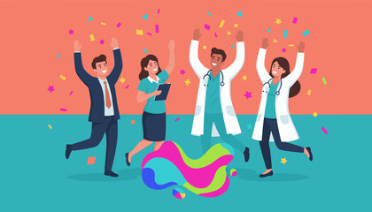 Diverse professional team celebrating success and achievement with confetti Doctors and business people