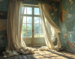 Sunlight Filtering Through Sheer Curtains in Abandoned Room