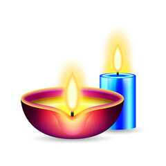 Diwali Lamps and Candle with Flames graphic design