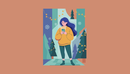 Young woman uses phone in winter holiday scene Christmas messaging and technology concept