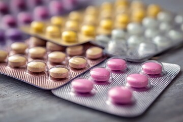 Close Up of Hormone Therapy Blister Packs in Varying Color Palettes: A Conceptual Still Life of Women's Health, Focusing on Medications and Fertility Options, Arrayed on Textured Surface
