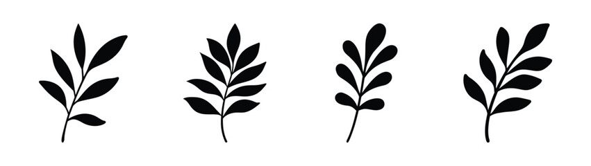 Naklejka premium Set of four stylized black botanical leaf sprigs abstract minimalist nature elements