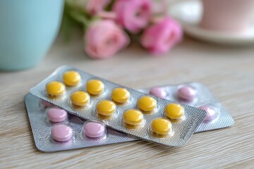 Blister Packs with Colorful Pills on a Wooden Surface - Medications for Healthcare and Pharmaceutical Treatments - Focus on Yellow and Pink Tablets with Floral Decoration