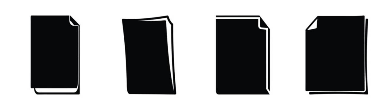 Set of four black blank document icons with bent corners depicting paper sheets