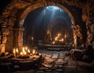 Mysterious Dimly Lit Cave with Candles and Stone Archways