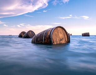 Fototapeta premium Wooden Barrels in Calm Sea Under Dusk Sky with Soft Clouds