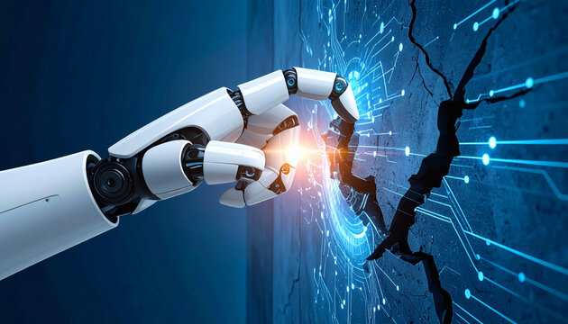 Conceptual flat design: A robot hand (AI) patching a crack (vulnerability) in a digital wall. AI and security team collaboration