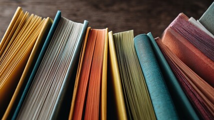 Colorful collection of books lined up on a wooden shelf in a cozy reading space