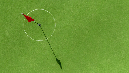 Aerial top view putting green with flag at golf course, Golf Course with putting green, Golf course sport, Green grass on golf field, fairway and putting green top view.