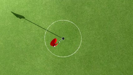Aerial top view putting green with flag at golf course, Golf Course with putting green, Golf course sport, Green grass on golf field, fairway and putting green top view.